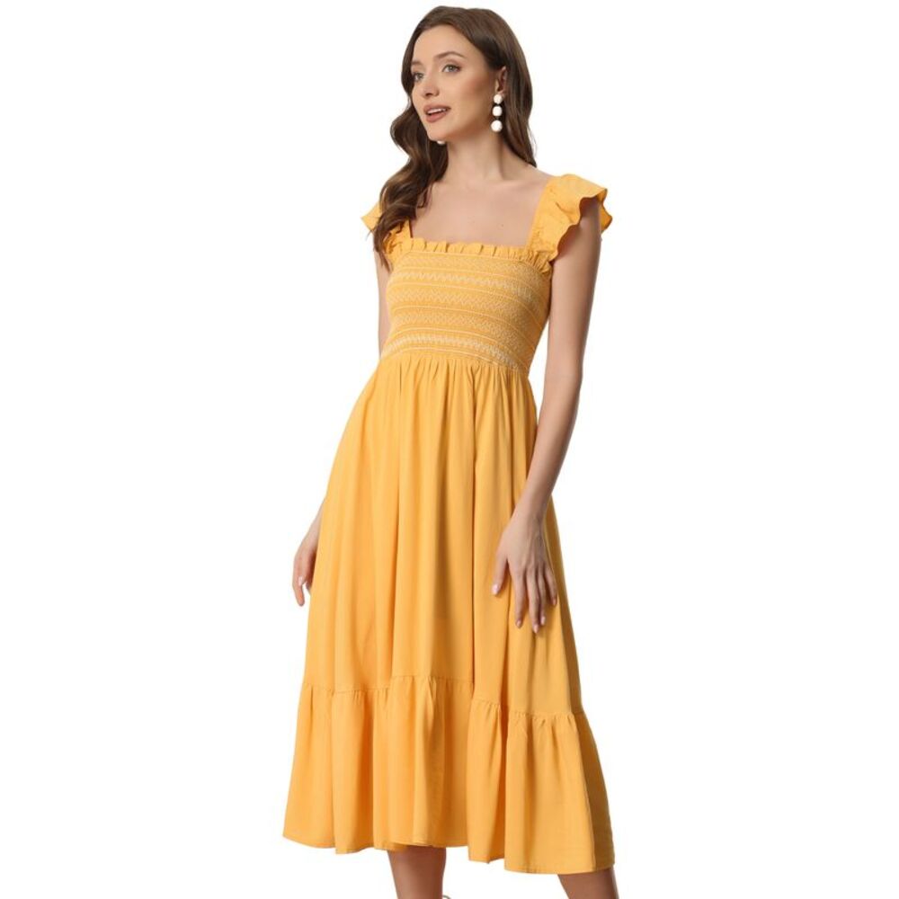 Boho Midi Dress Square Neck Ruffle Tiered Flowy Smocked Sundress Yellow